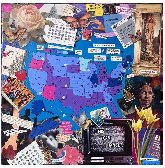 map of united states in blue with several art pieces surrounding it