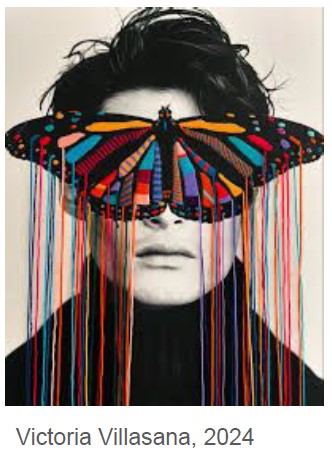 butterfly in many colors covering the face of a female with dark hair