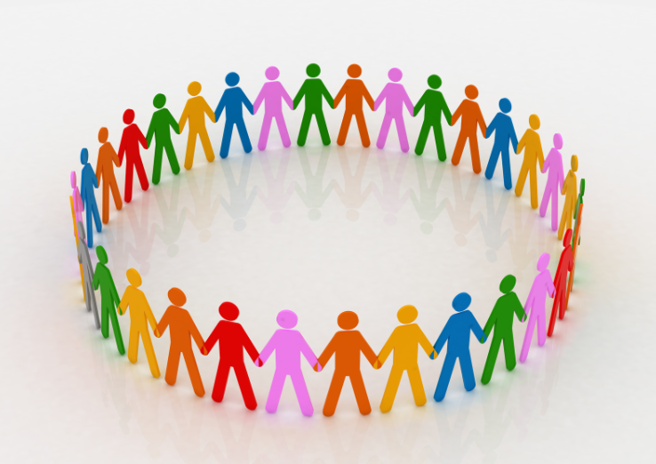 colored paper cut out people standing arm to arm