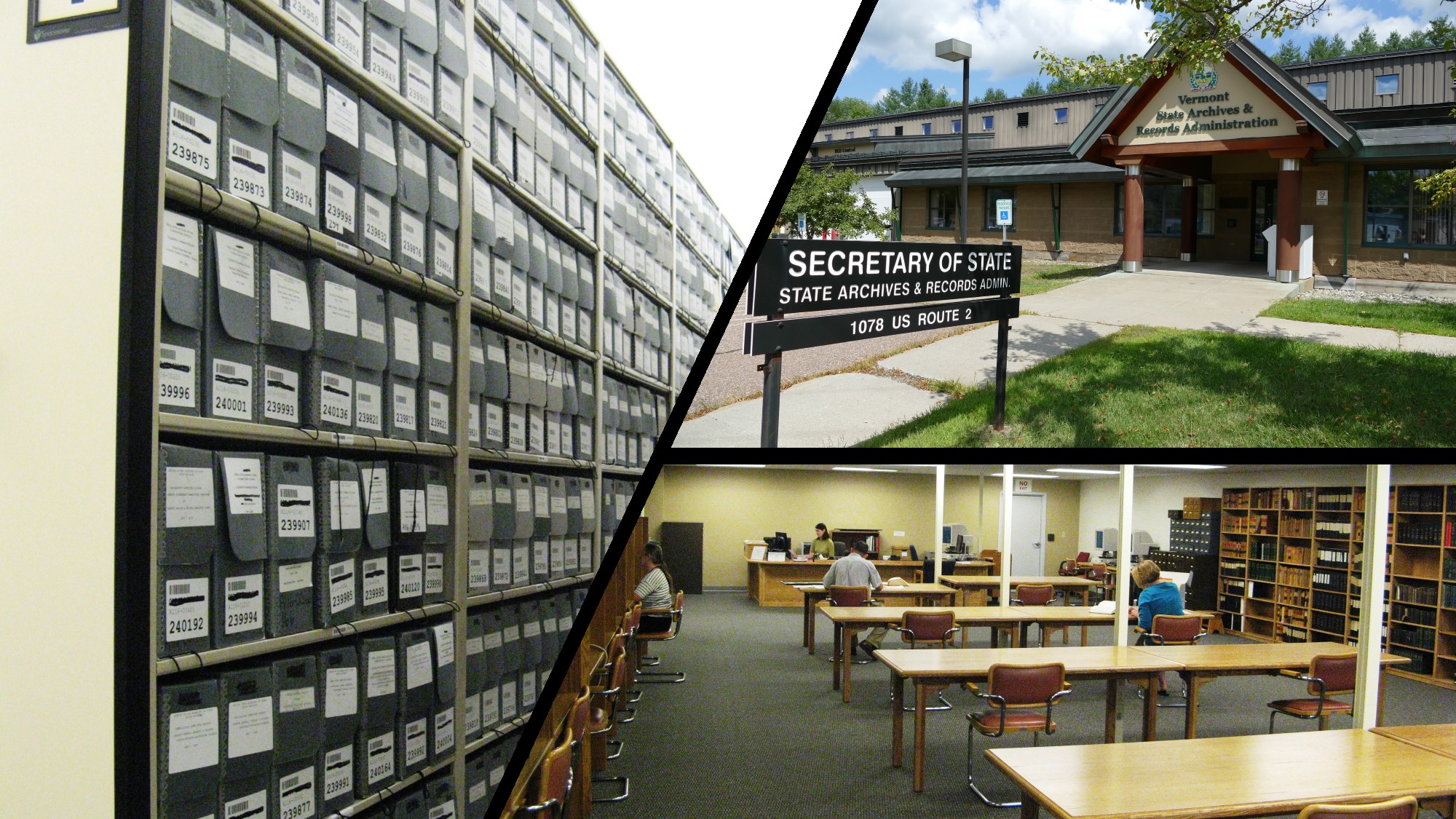 Vt State archives and Records Admin photo of building, desks and records boxes by the hundreds